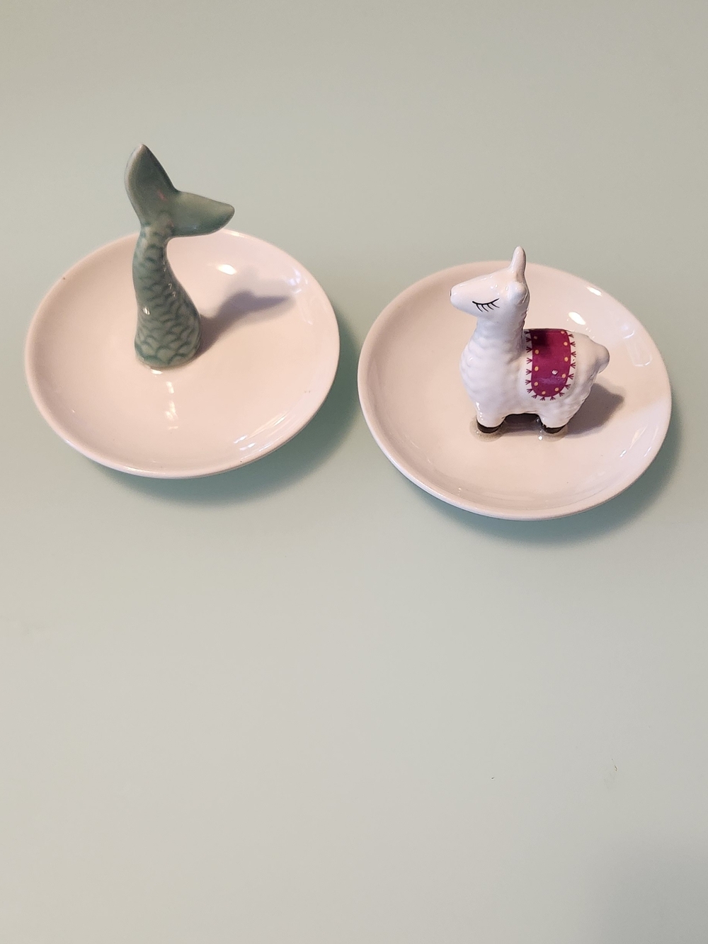 2-Ceramic Mermaid Tail and Llama Ring Dish - White with Mint and Purple Accents